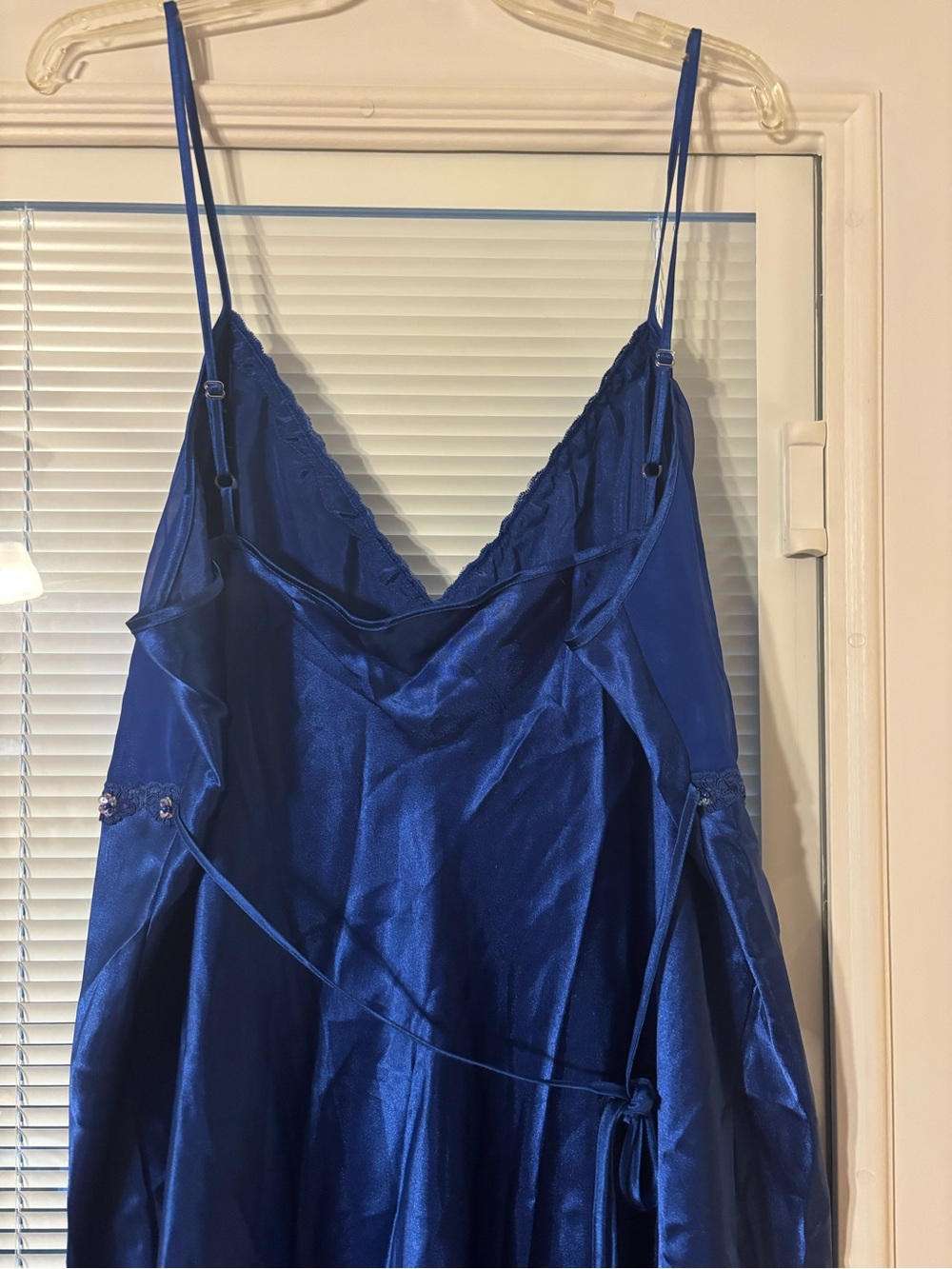 Vintage Blue Satin Slip Nightgown with beaded lace trim - Picture 5 of 10